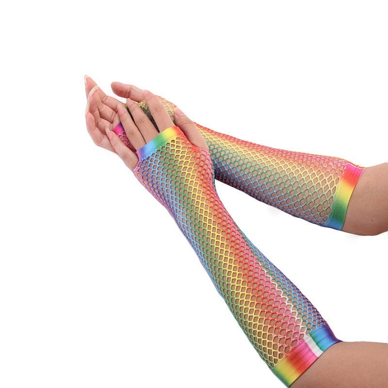 Rainbow Fishnet Fingerless Gloves