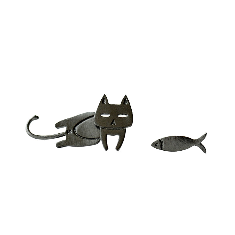 Bored Cat & Fish Asymmetrical Earrings