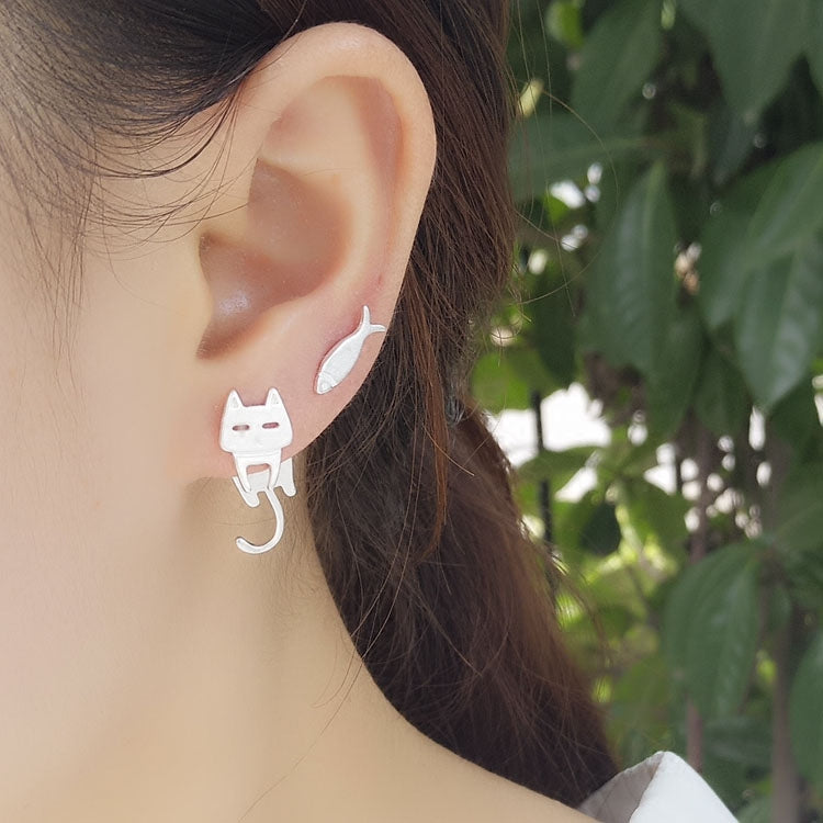 Bored Cat & Fish Asymmetrical Earrings