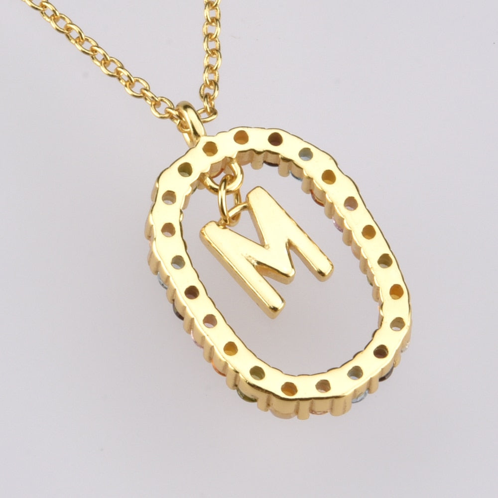 Oval Gems Initials Necklace (A to Z)