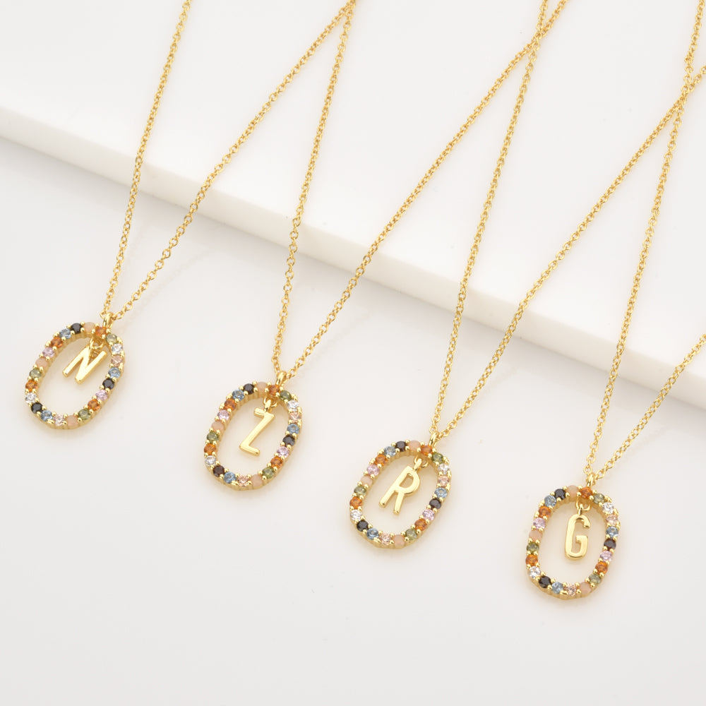 Oval Gems Initials Necklace (A to Z)