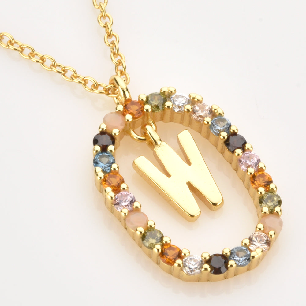 Oval Gems Initials Necklace (A to Z)