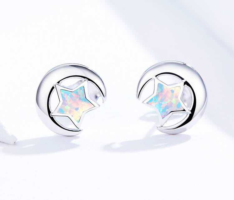 Crescent Moon Star Opal Ear Studs