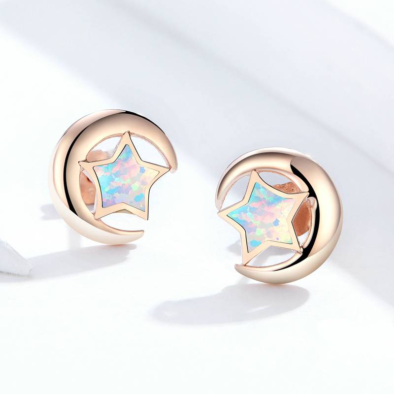 Crescent Moon Star Opal Ear Studs