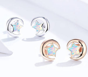 Crescent Moon Star Opal Ear Studs