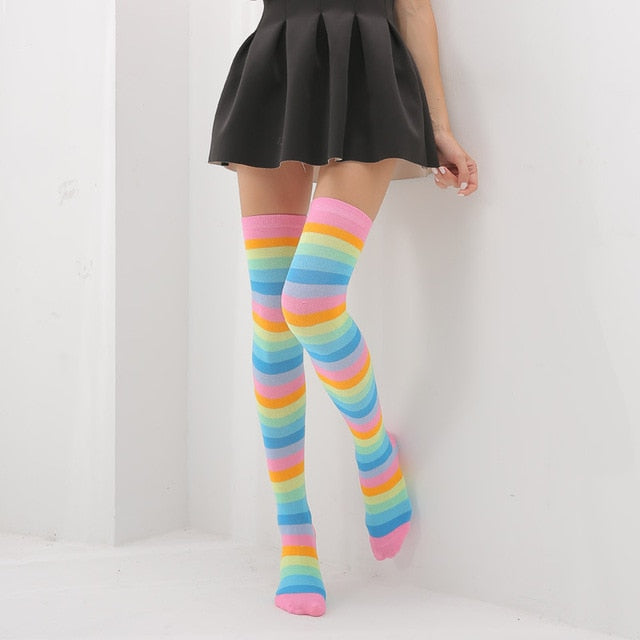 LAVRA Women's Pair of Colorful Rainbow Trimmed Knee High White Socks