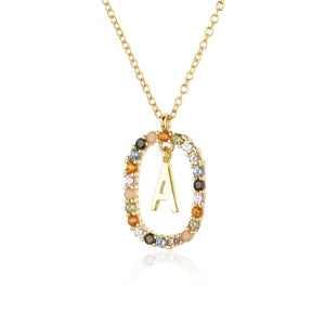 Oval Gems Initials Necklace (A to Z)