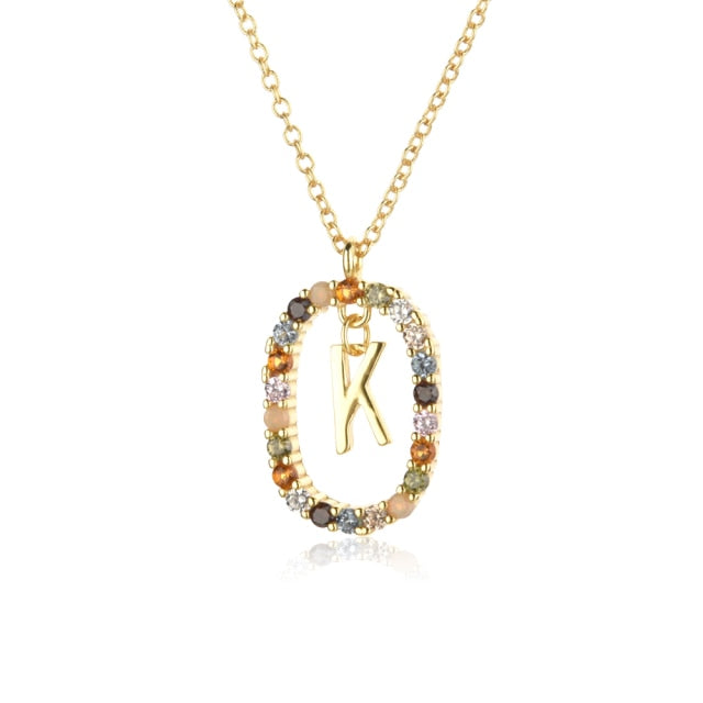 Oval Gems Initials Necklace (A to Z)