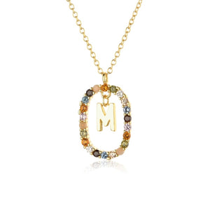 Oval Gems Initials Necklace (A to Z)