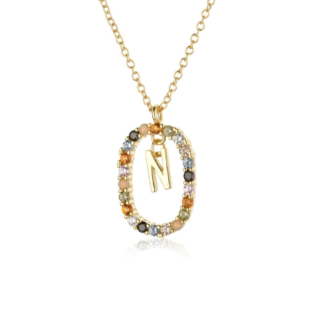 Oval Gems Initials Necklace (A to Z)