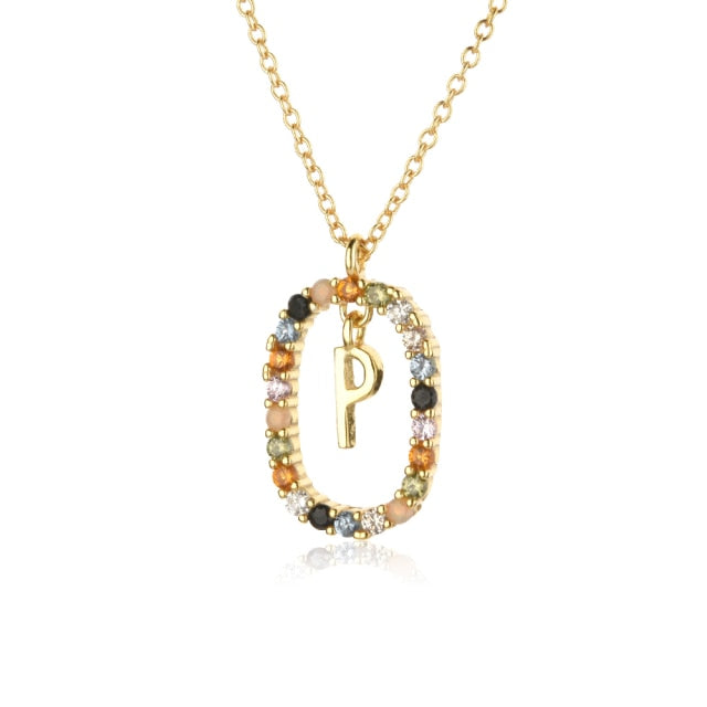 Oval Gems Initials Necklace (A to Z)