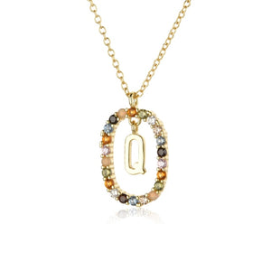 Oval Gems Initials Necklace (A to Z)