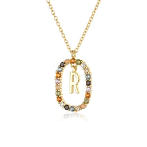 Oval Gems Initials Necklace (A to Z)