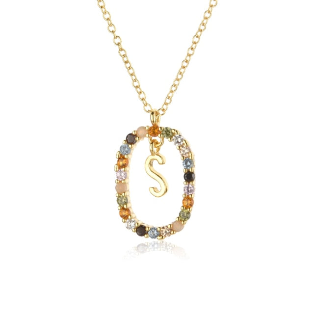 Oval Gems Initials Necklace (A to Z)