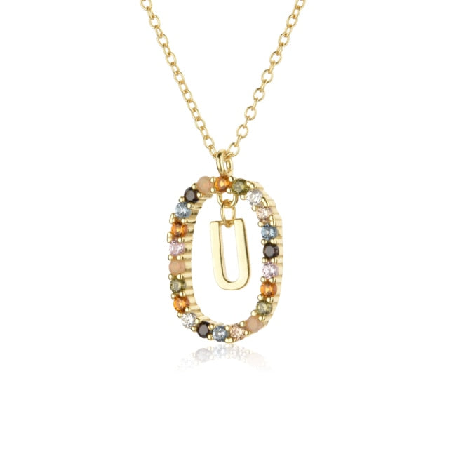 Oval Gems Initials Necklace (A to Z)