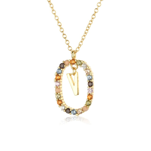 Oval Gems Initials Necklace (A to Z)