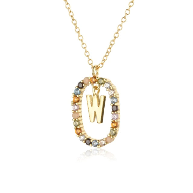 Oval Gems Initials Necklace (A to Z)