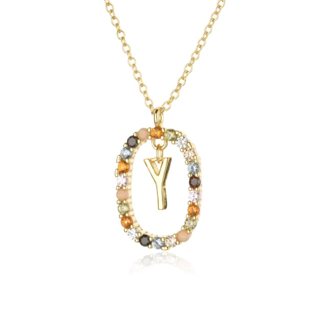 Oval Gems Initials Necklace (A to Z)