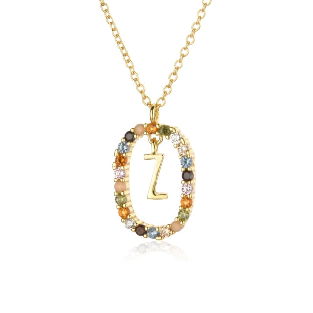 Oval Gems Initials Necklace (A to Z)