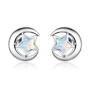 Crescent Moon Star Opal Ear Studs