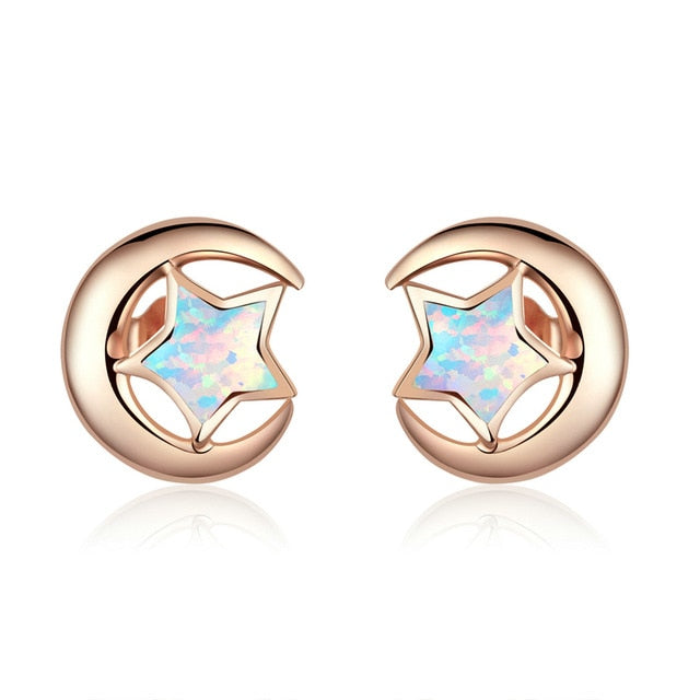 Crescent Moon Star Opal Ear Studs